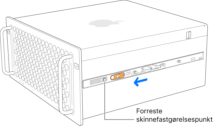 Mac Pro med en skinne, der skubbes fremad og låses fast.