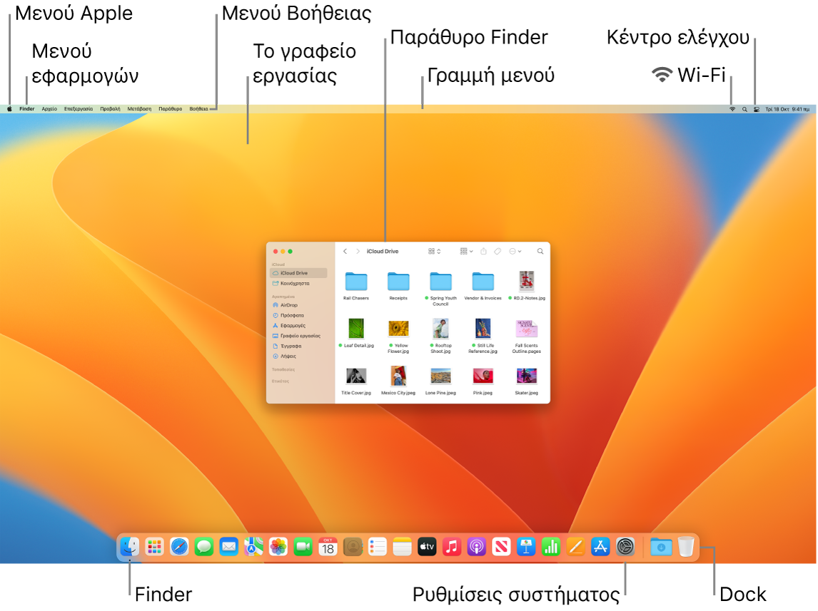 Οθόνη Mac όπου εμφανίζεται το μενού Apple, το μενού εφαρμογής, το μενού «Βοήθεια», το γραφείο εργασίας, η γραμμή μενού, ένα παράθυρο Finder, το εικονίδιο Wi-Fi, το εικονίδιο του Κέντρου ελέγχου, το εικονίδιο Finder, το εικονίδιο «Ρυθμίσεις συστήματος» και το «Dock».