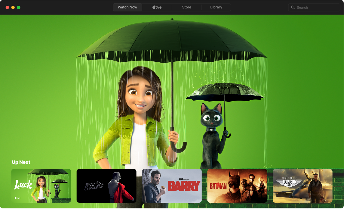 An Apple TV app window showing the Watch Now view.