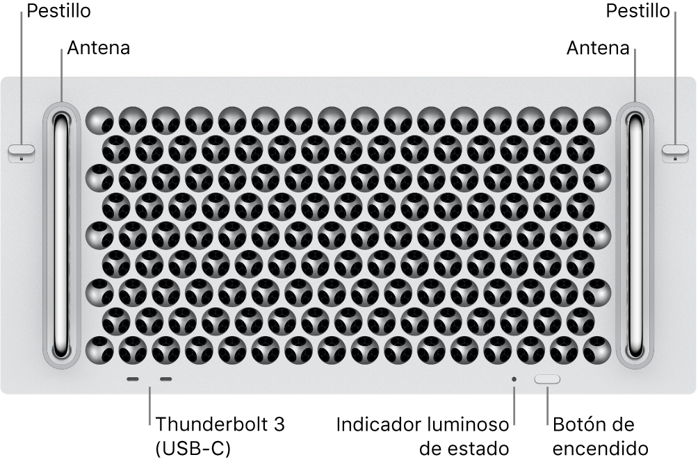 La parte frontal de la Mac Pro mostrando dos puertos Thunderbolt 3 (USB-C), un indicador luminoso del sistema, el botón de encendido y una antena.