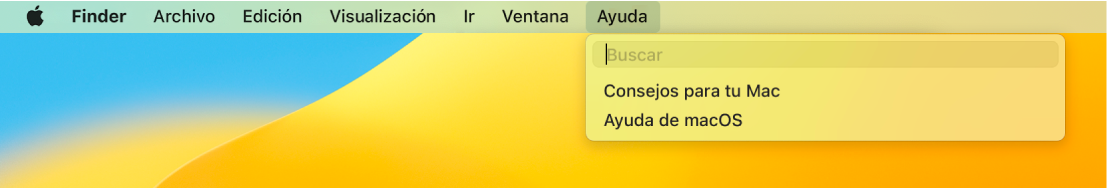 Parte de un escritorio con el menú Ayuda abierto, mostrando las opciones del menú Buscar y Ayuda de macOS.