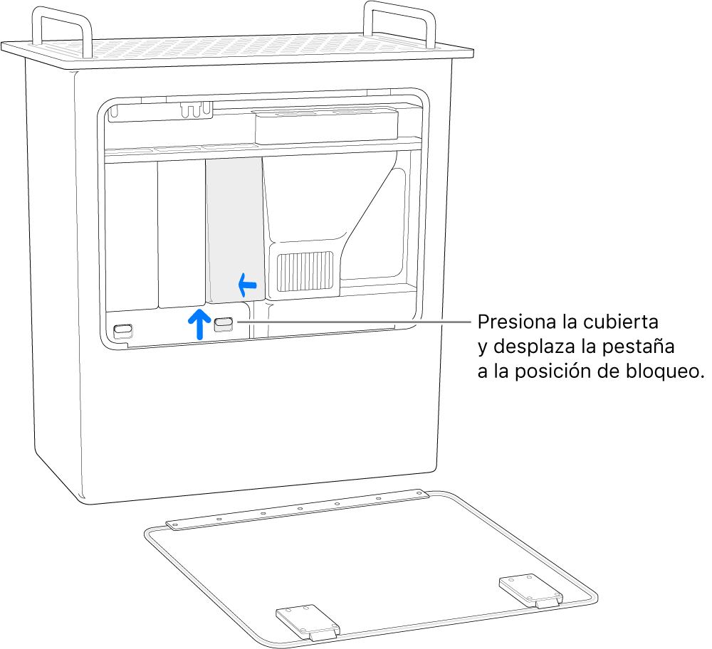 Se muestra cómo mover el pestillo de los DIMM a la posición de bloqueo de un Mac Pro colocado sobre su base.