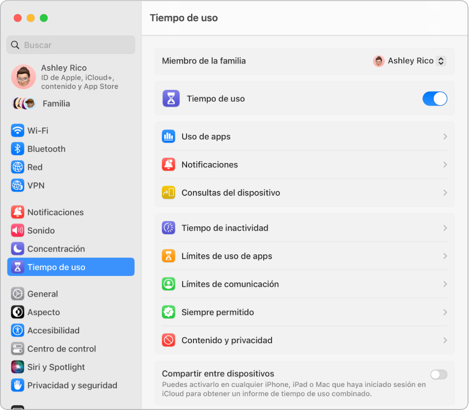 Una ventana de ajustes de “Tiempo de uso” que muestra opciones para ver el uso de las apps, las notificaciones y las consultas del dispositivo, así como opciones para gestionar el tiempo de uso, como programar el tiempo de inactividad, establecer límites de apps y de comunicación, y mucho más.