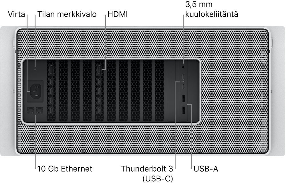 Mac Pron takaosa, jossa näkyy virtaliitäntä, merkkivalo, kaksi HDMI-porttia, 3,5 mm kuulokeliitäntä, kaksi 10 Gigabit Ethernet -porttia, kaksi Thunderbolt 3 (USB-C) -porttia ja kaksi USB-A-porttia.