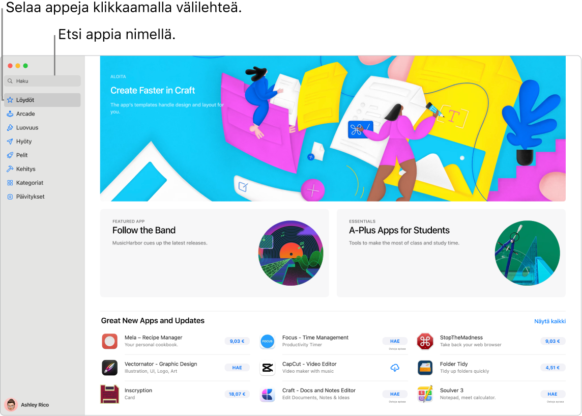 App Store -ikkuna, jossa näkyy hakukenttä ja Safarin laajennusten sivu.