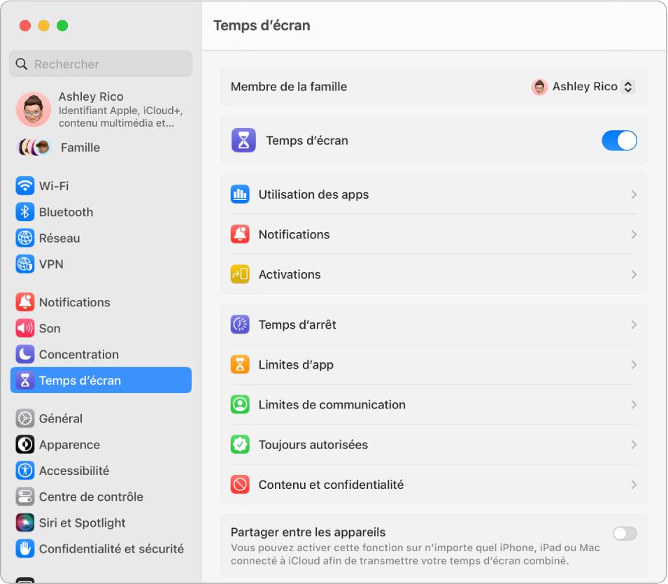 Fenêtre des réglages « Temps d’écran » avec des options permettant d’obtenir des statistiques concernant « Utilisation des apps », Notifications et Activations, ainsi que des options de gestion de « Temps d’écran » (programmation d’un temps d’arrêt, configuration des limites d’app et de communication, etc.).