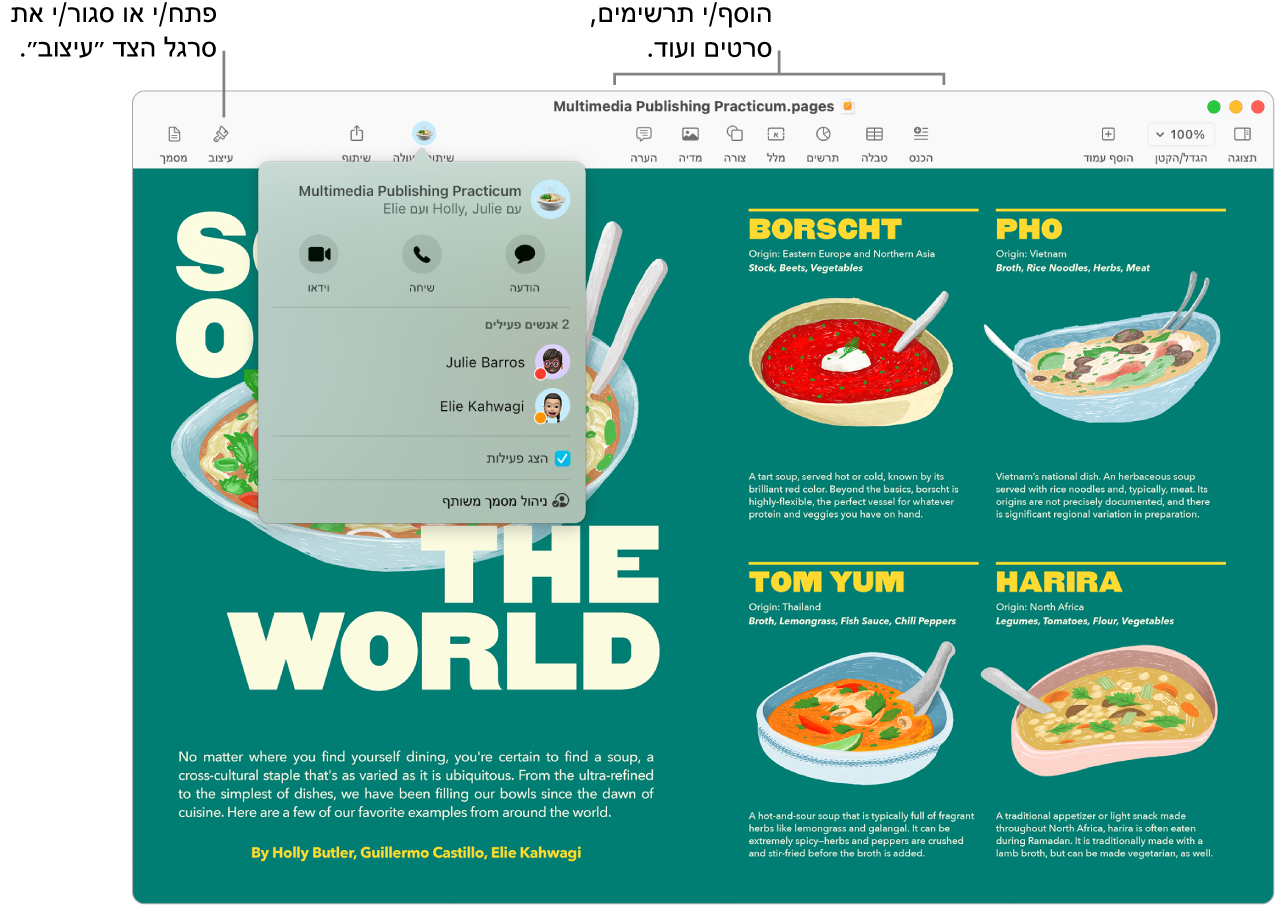 חלון של Pages מציג את ה‑Activity Stream מתחת לכפתור ״שיתוף פעולה״ בסרגל הכלים, עם שני אנשים פעילים. בסרגל הכלים יש הסברים להוספה לתרשימים, סרטונים ועוד והסבר לגבי פתיחה או סגירה של סרגל הצד ״עיצוב״.