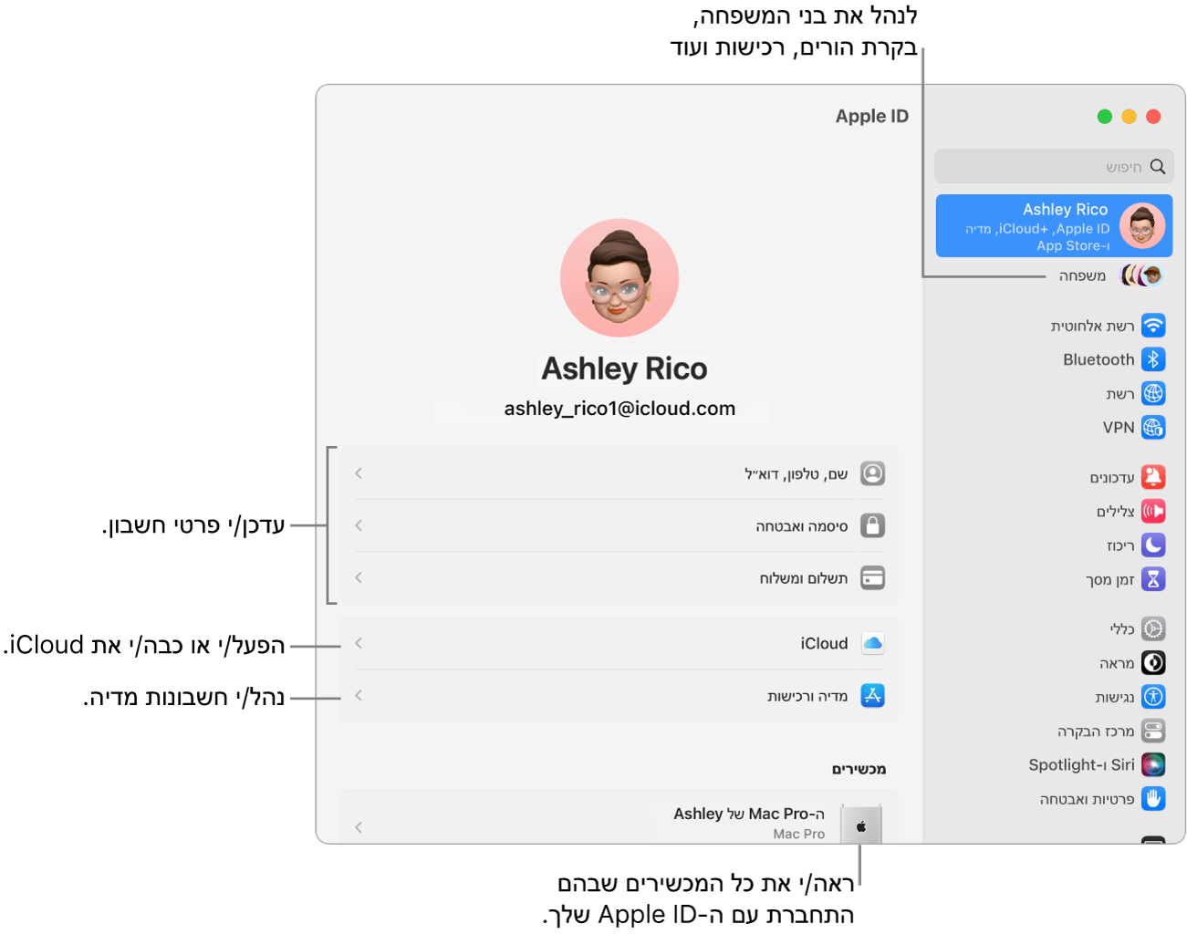 חלונית Apple ID ב״הגדרות המערכת״ עם הסברים על עדכון פרטי החשבון, הפעלה או כיבוי של מאפייני iCloud, ניהול חשבונות מדיה ו״משפחה״, שם ניתן לנהל בני משפחה, בקרי הורים, רכישות ועוד.
