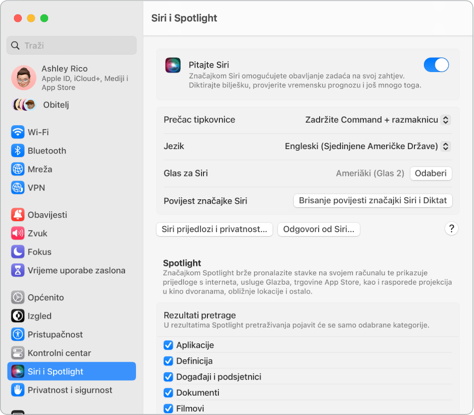 Prozor s postavkama za Siri s odabranom opcijom Aktiviraj Pitajte Siri, kao i nekoliko opcija za podešavanje Siri zdesna, uključujući “Reagiraj na frazu ‘Hey Siri’.”