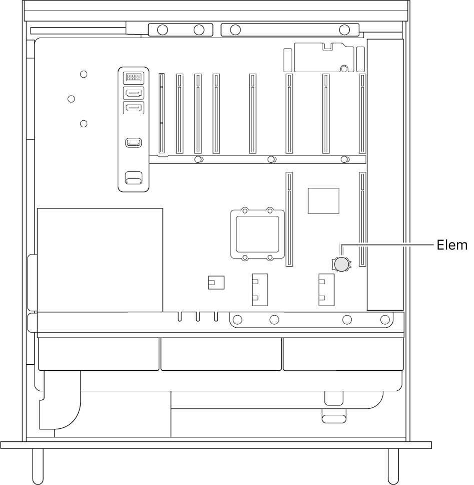 A nyitott Mac Pro oldalnézeti képe, ahol látható a gombelem helye.