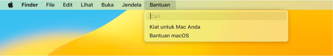 Desktop terpisah dengan menu Bantuan terbuka, menampilkan pilihan menu untuk Pencarian dan Bantuan macOS.