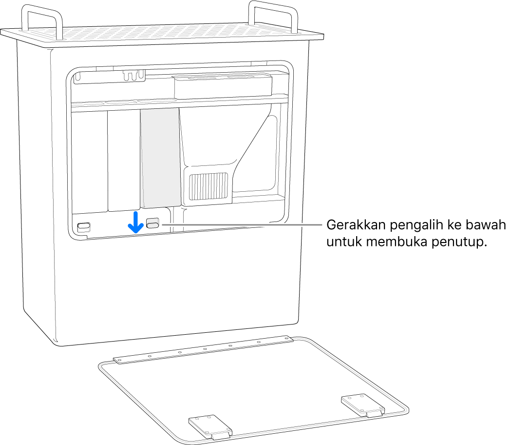 Mac Pro berdiri dengan bertumpu di bagian ujung, menyoroti pengalih yang membuka penutup DIMM.