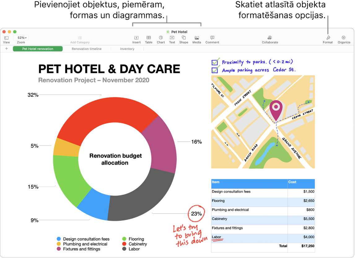 Lietotnes Numbers loga augšā redzama rīkjosla un tās rediģēšanas rīki, poga Collaborate augšējā labajā stūrī un pogas Format un Organize — labajā malā.
