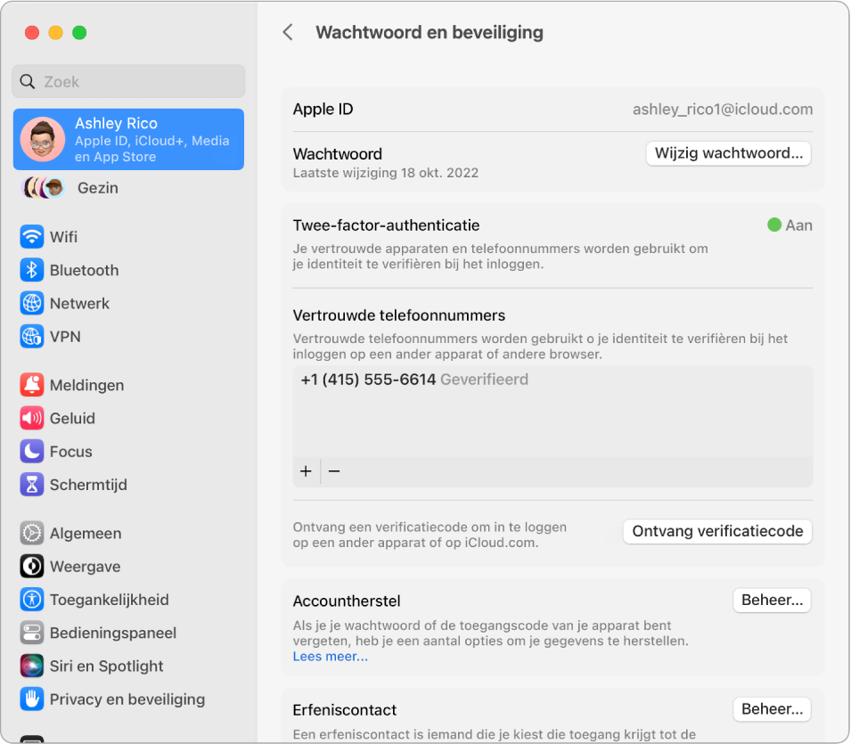 Het gedeelte 'Wachtwoord en beveiliging' voor de Apple ID in Systeeminstellingen. Vanaf hier kun je accountherstel of een erfeniscontact configureren.