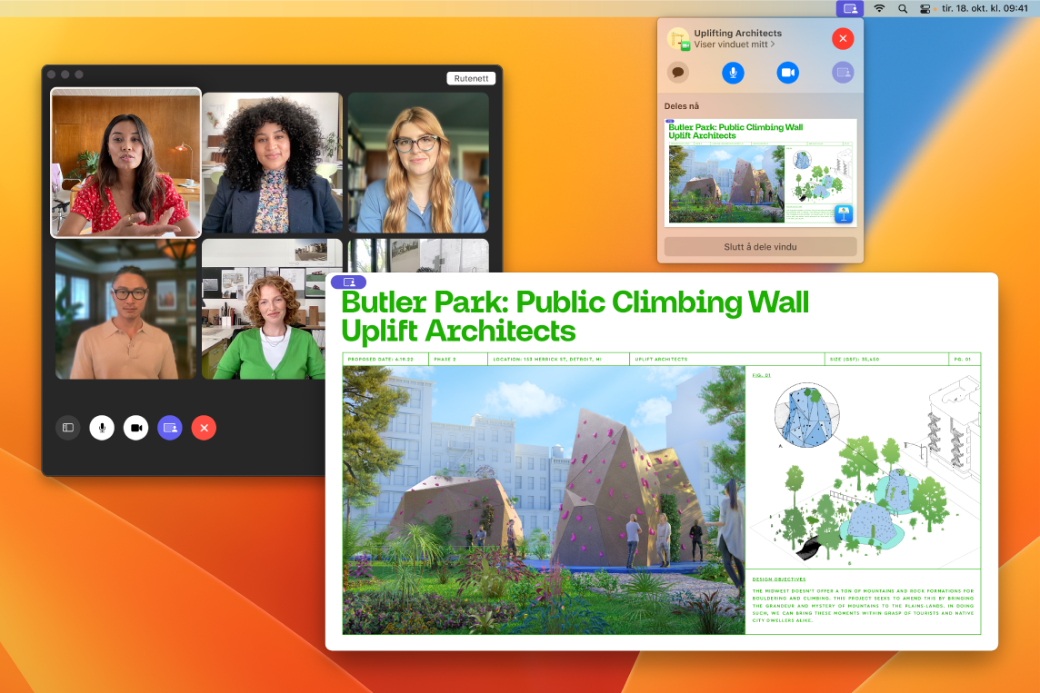 En appdelingsopplevelse med en gruppe FaceTime-deltakere, et åpent Keynote-vindu som de ser, og et mindre vindu med SharePlay-kontrollene.