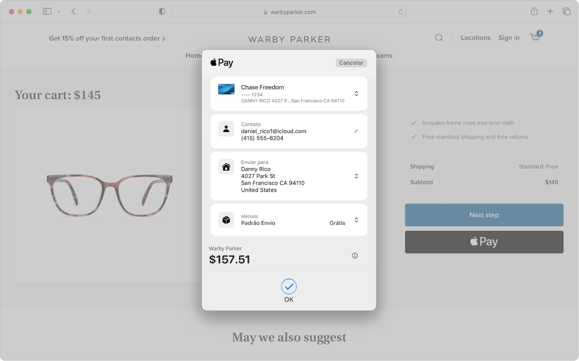 Uma tela do Mac mostrando uma compra on‑line em andamento com a opção Apple Pay no Safari.