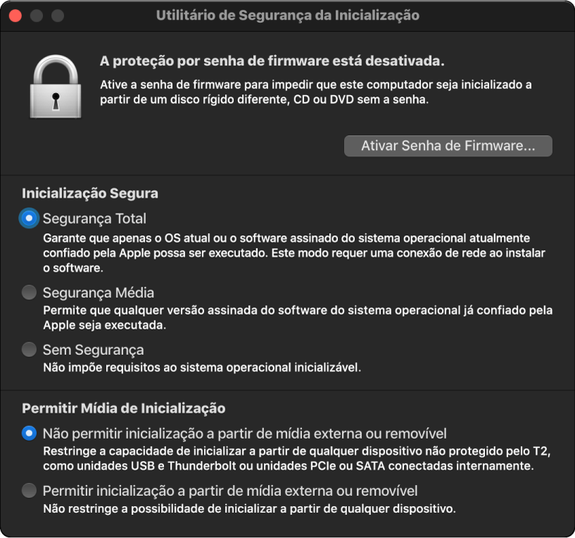 Janela do Utilitário de Segurança da Inicialização aberta com uma opção marcada para inicialização segura e uma opção marcada para inicialização externa.