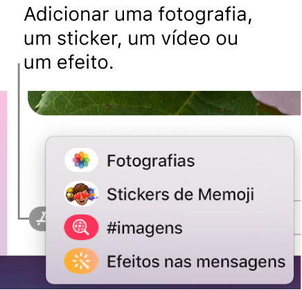 O menu Aplicações com opções para mostrar fotografias, stickers de Memoji, GIF e efeitos de mensagens.