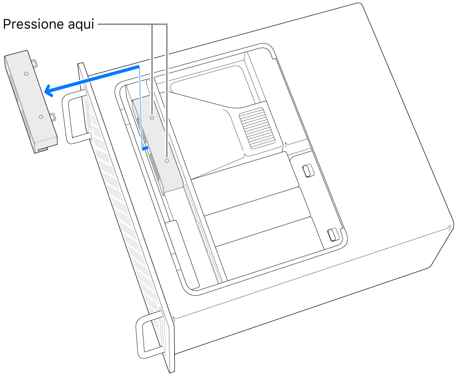Ilustração do Mac Pro de lado e de onde carregar para remover a tampa dos módulos SSD.