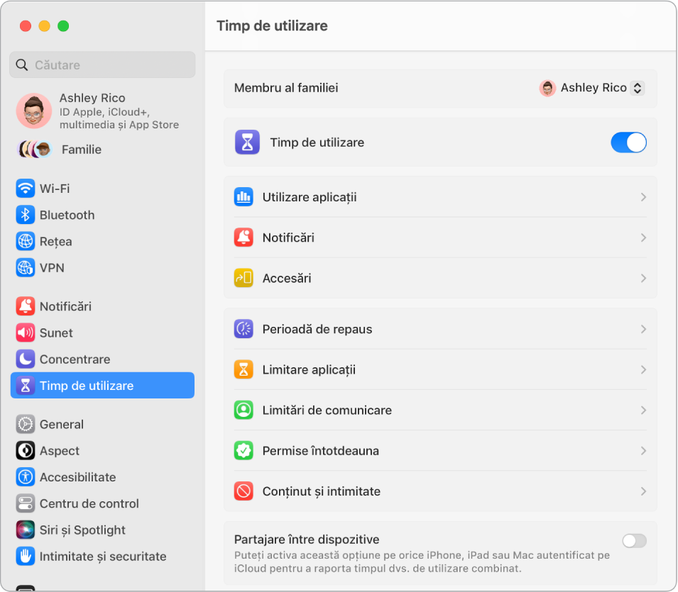 O fereastră a configurărilor Timp de utilizare afișând opțiunile pentru a vedea utilizarea aplicațiilor, notificările și accesările, precum și opțiunile pentru gestionarea timpului de utilizare, cum ar fi perioada de repaus, limitarea aplicațiilor, limitările de comunicare și multe altele.