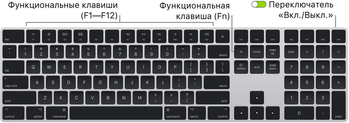Клавиатура Magic Keyboard. Показаны клавиша Fn в левом нижнем углу и переключатель «Вкл./Выкл.» в правом верхнем углу клавиатуры.