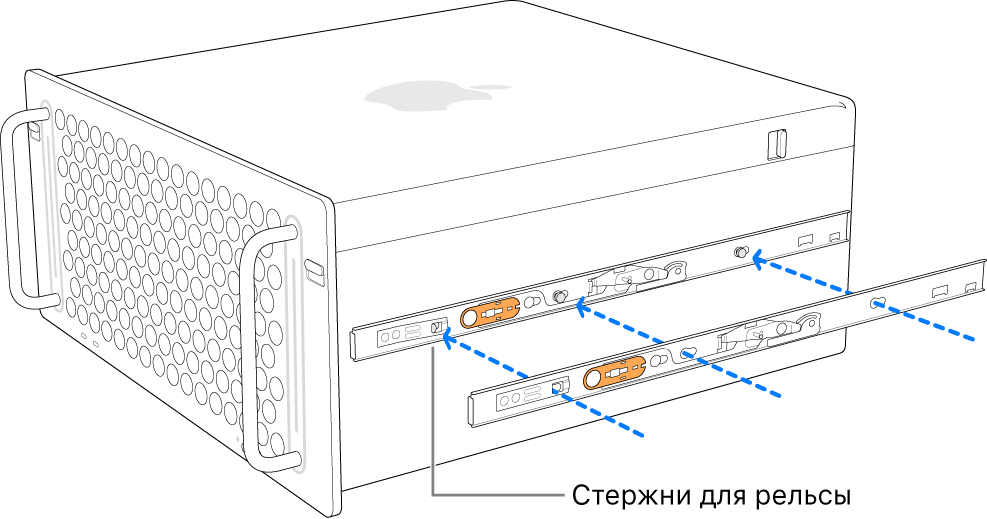 Mac Pro, к боковой стороне которого прикреплена внутренняя часть рельсы.