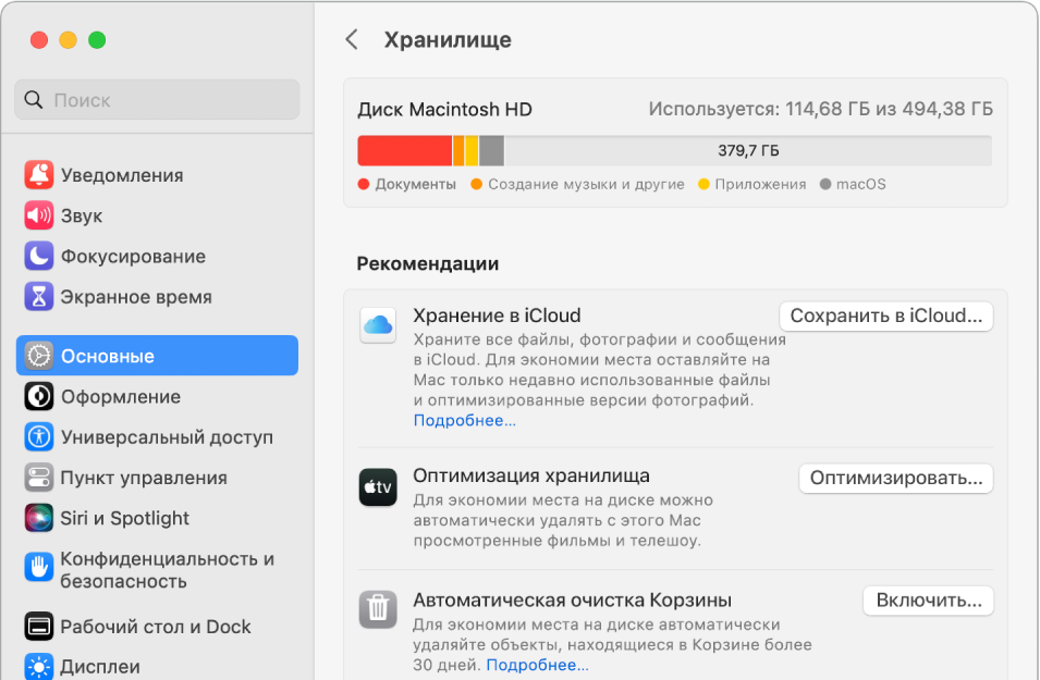 Рекомендуемые настройки хранилища: «Хранение в iCloud», «Оптимизация хранилища» и «Очищать Корзину автоматически».