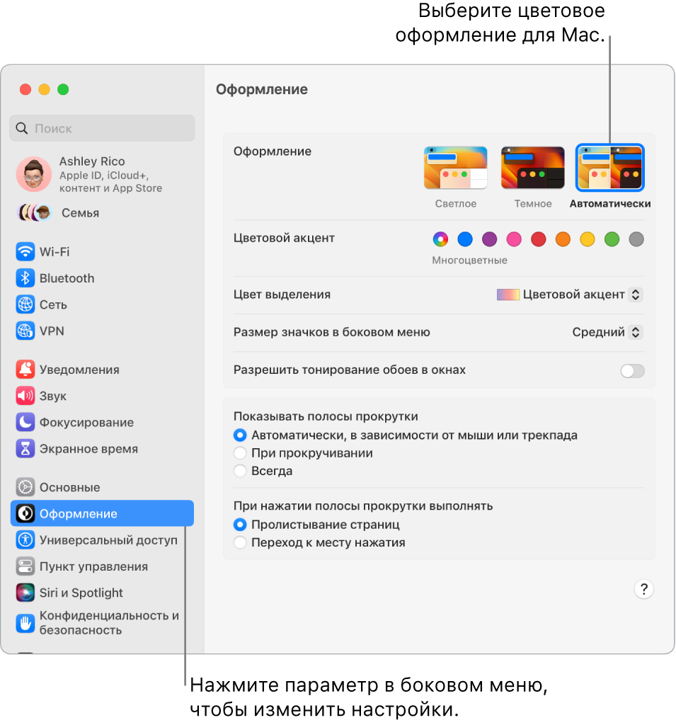 Окно «Оформление» в Системных настройках.