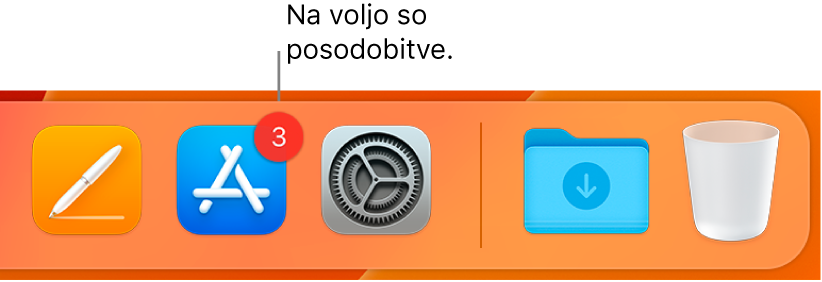 Del vrstice Dock, ki prikazuje ikono trgovine App Store z značko, kar pomeni, da so na voljo posodobitve.