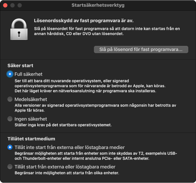 Fönstret Startsäkerhetsverktyg är öppet och kryssrutorna för säker start och extern start är markerade.