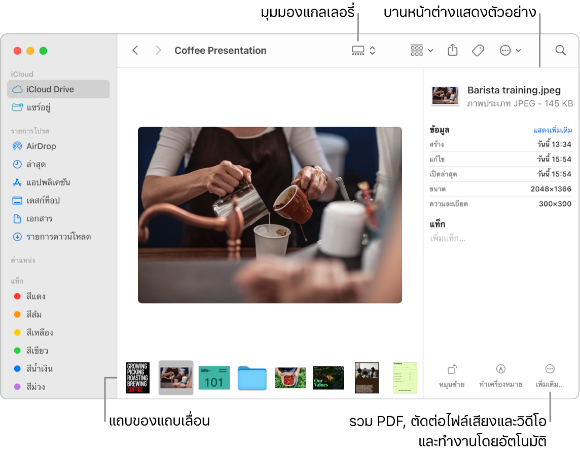 หน้าต่าง Finder ที่เปิดอยู่ในมุมมองแกลเลอรี่ ซึ่งแสดงรูปภาพขนาดใหญ่ที่มีแถวของรูปภาพขนาดเล็กกว่า เรียกว่าแถบของแถบเลื่อน ซึ่งอยู่ด้านใต้รูปภาพขนาดใหญ่ ตัวควบคุมสำหรับหมุน ทำเครื่องหมาย และอื่นๆ อยู่ทางด้านขวาของแถบของแถบเลื่อน