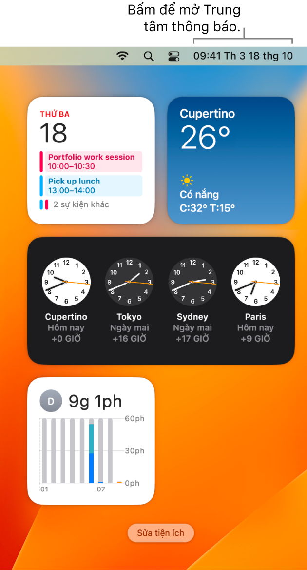 Trung tâm thông báo với các thông báo và tiện ích cho Lịch, Thời tiết, Đồng hồ và Thời gian sử dụng.