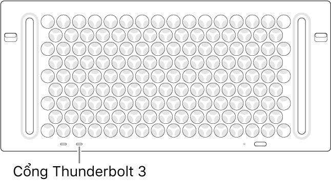 Mặt trên của Mac Pro, đang chỉ ra cổng Thunderbolt 3 đúng cần sử dụng.
