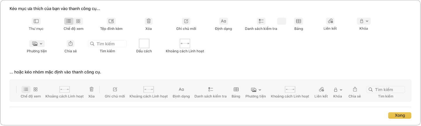 Một cửa sổ Ghi chú đang hiển thị các tùy chọn tùy chỉnh thanh công cụ có sẵn.