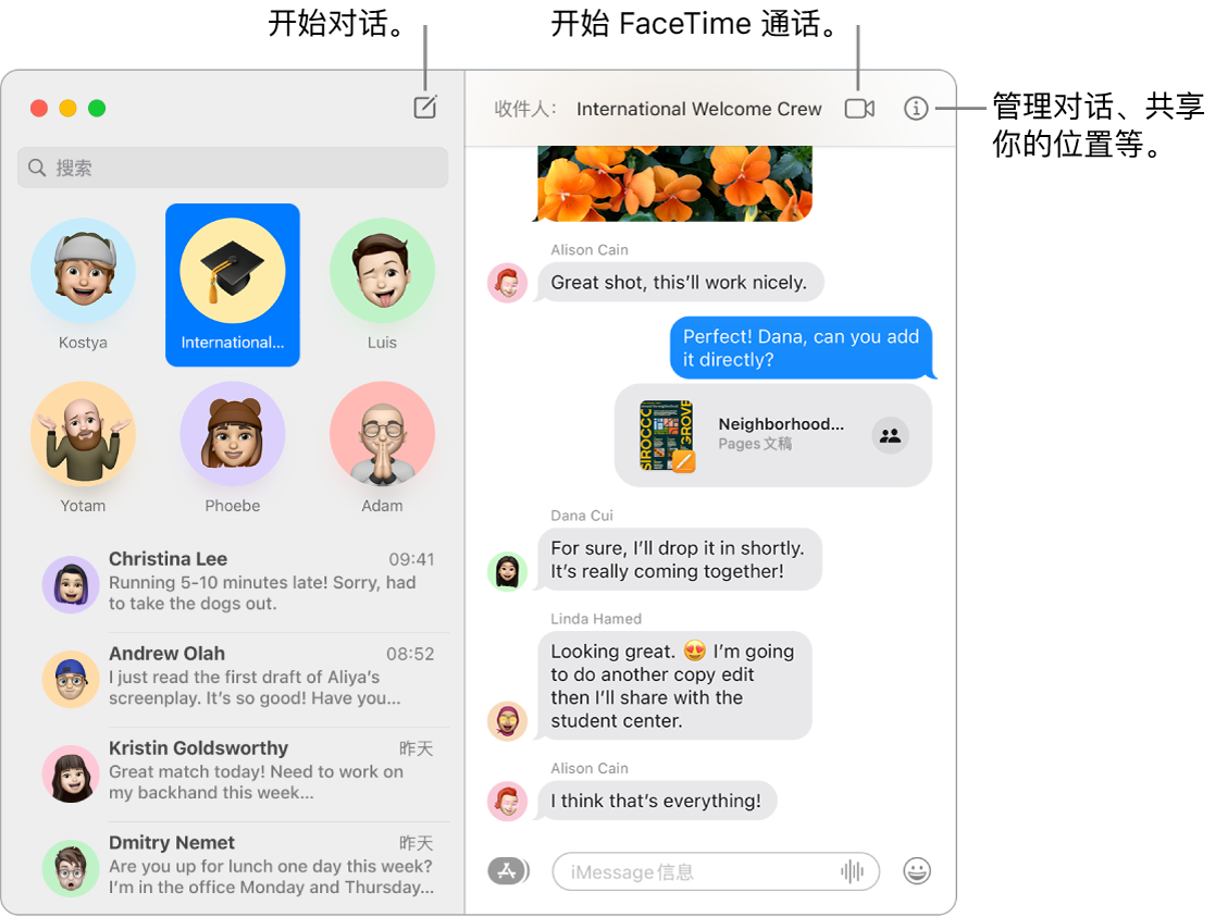 “信息”窗口,显示如何开始对话和如何开始进行 FaceTime 通话。