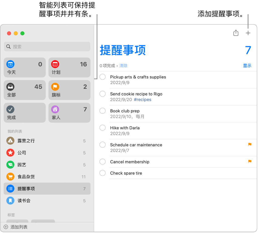 “提醒事项”窗口,左侧是智能列表,下方是其他提醒事项和列表。指针位于提醒事项中。标注指向智能列表和“添加新提醒事项”按钮。