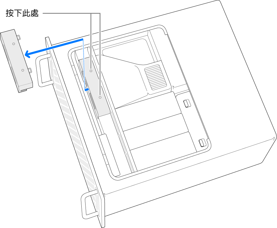 橫放的 Mac Pro,顯示按下以卸除 SSD 護蓋的位置。