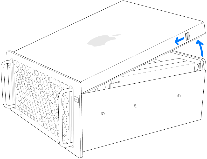 橫放的 Mac Pro,顯示如何卸除外殼。