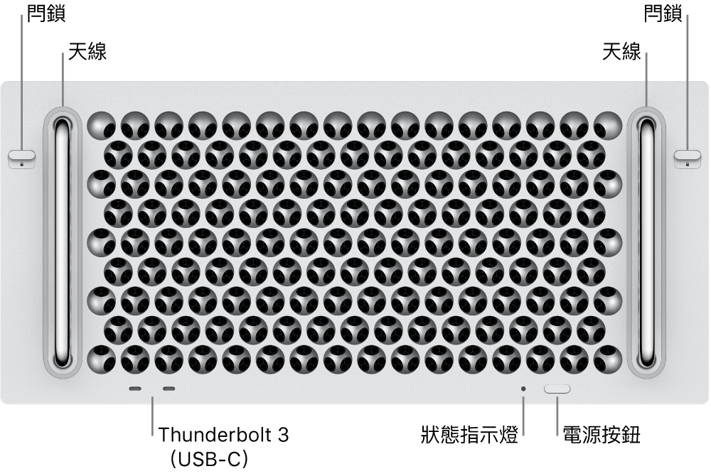 Mac Pro 正面顯示兩個 Thunderbolt 3(USB-C)埠、系統指示燈,電源按鈕和天線。