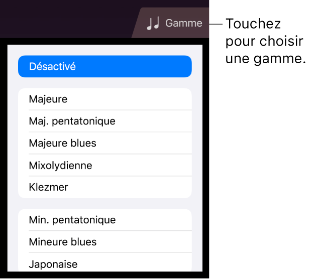 Bouton Gamme de cordes et liste de gammes