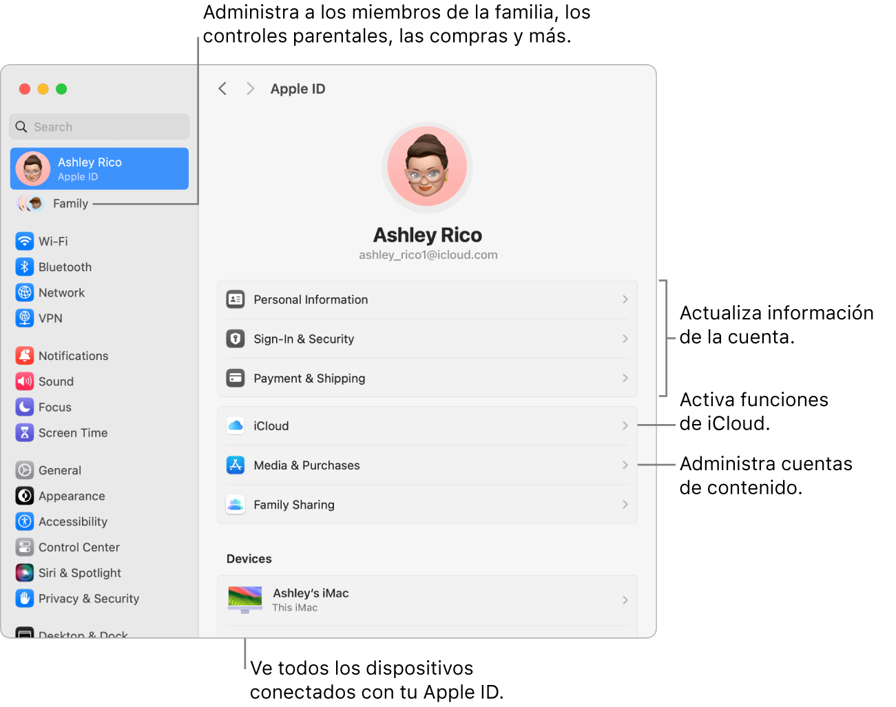 La configuración de Apple ID en Configuración del Sistema con textos para actualizar la información de la cuenta, activar o desactivar funciones de iCloud, administrar cuentas de contenido, y Familia, donde puedes administrar familiares, controles parentales, compras y más.