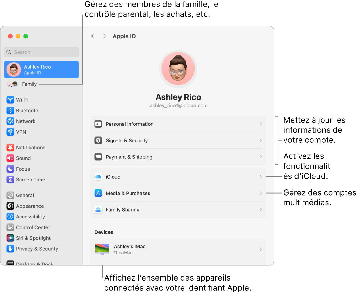 Réglages de l’identifiant Apple dans « Réglages Système » avec des légendes pour la mise à jour des informations du compte, l’activation ou la désactivation des fonctionnalités iCloud, la gestion des comptes multimédias, et Famille, où vous pouvez gérer les membres de votre famille, les contrôles parentaux, les achats, et plus encore.