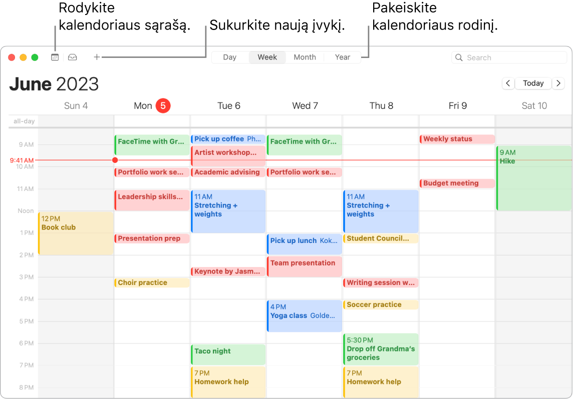„Calendar“ langas, rodantis kalendorių sąrašą, nurodantis, kaip sukurti įvykį ir pasirinkti rodinį „Day“, „Week“, „Month“ arba „Year“.