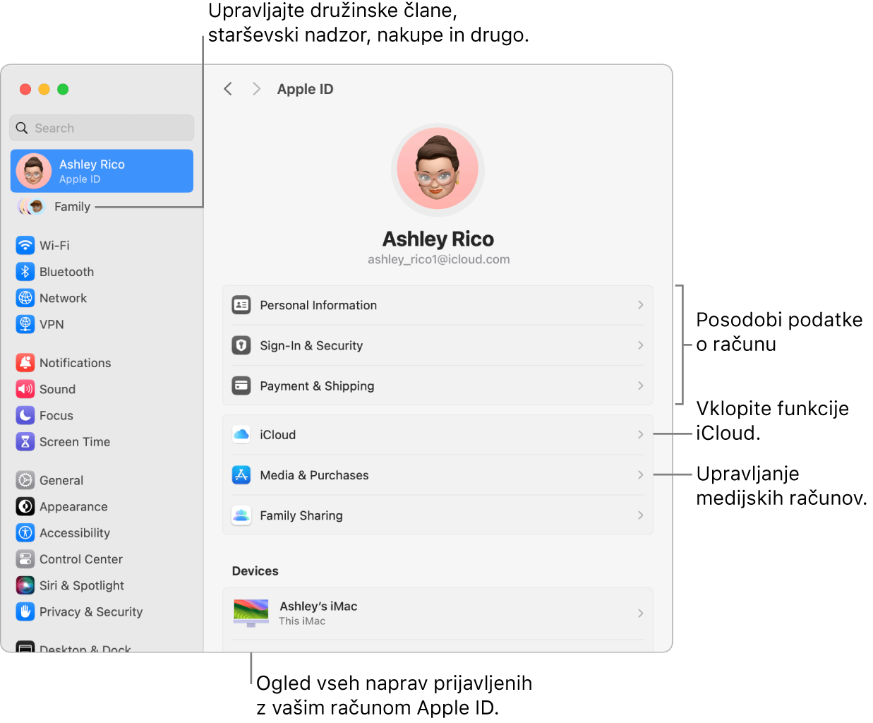 Nastavitve Apple ID v System Settings z oblački za posodobitev informacij o računu, vklop ali izklop funkcij iCloud, upravljanje predstavnostnih računov in Family, kjer lahko upravljate družinske člane, starševski nadzor, nakupe in še več.