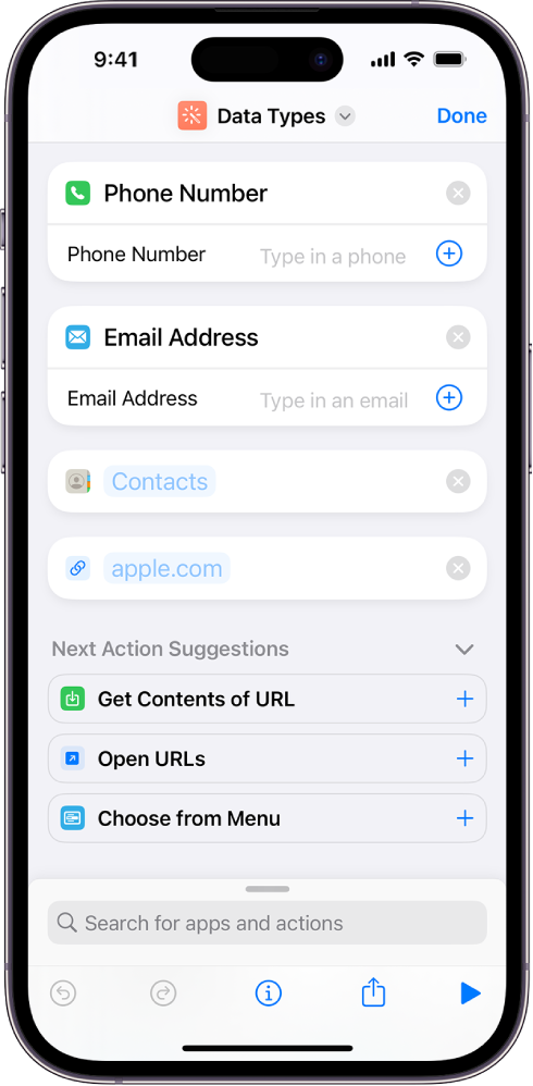 Ο επεξεργαστής συντομεύσεων στον οποίο εμφανίζονται ενέργειες που αποθηκεύουν περιεχόμενο στη συντόμευση.