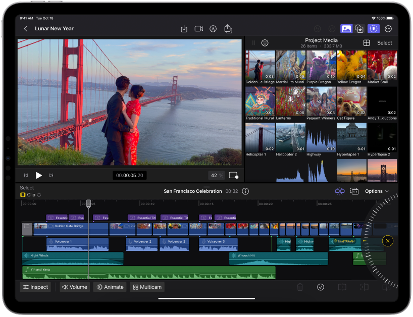 Ventana de Final Cut Pro para el iPad que muestra el visor, el explorador y la línea de tiempo.