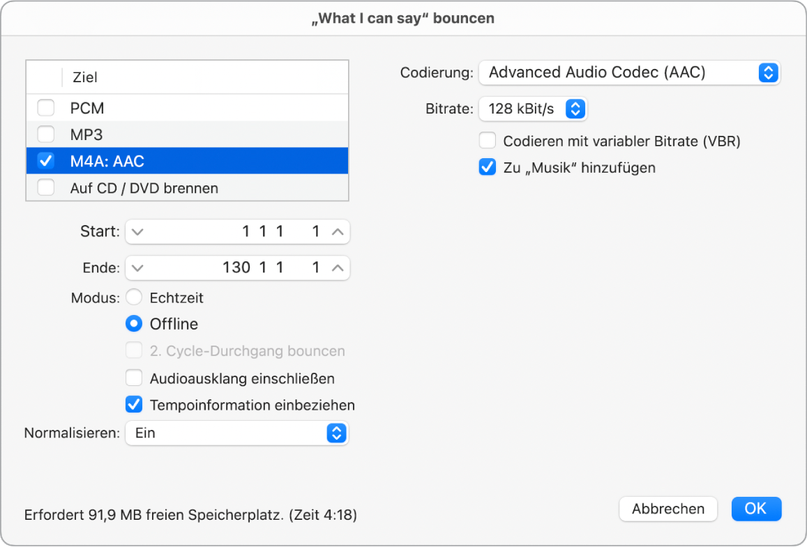 Abbildung. M4A AAC-Format-Optionen im Bounce-Fenster