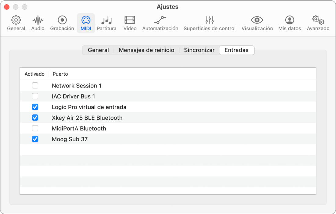 Ilustración. Ajustes de entradas MIDI.
