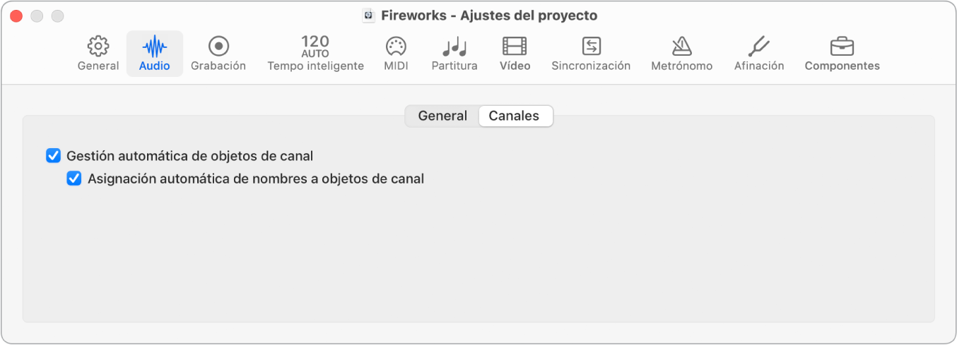 Ilustración. Ajustes de canales del proyecto.