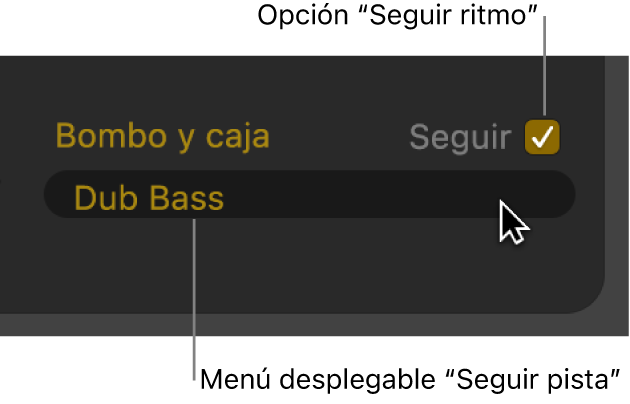 Ilustración. Casilla Seguir y menú desplegable “Seguir pista” del editor Drummer.